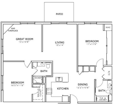 Floor plan for 2 beds, 2 baths, 1409 sqft